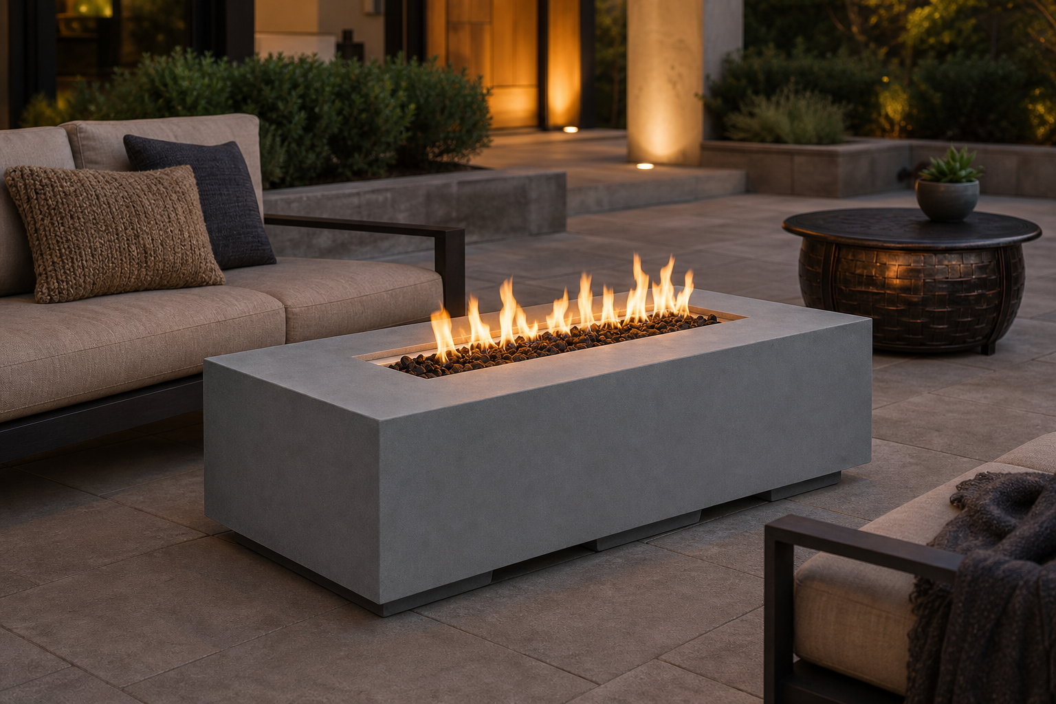 Golden Flame natural gas fire pit table buying guide with rectangular concrete and oval outdoor fire pit table styles