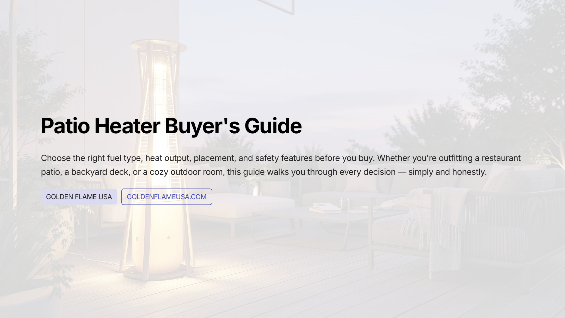 Golden Flame patio heater buyer guide cover with outdoor patio heater planning checklist