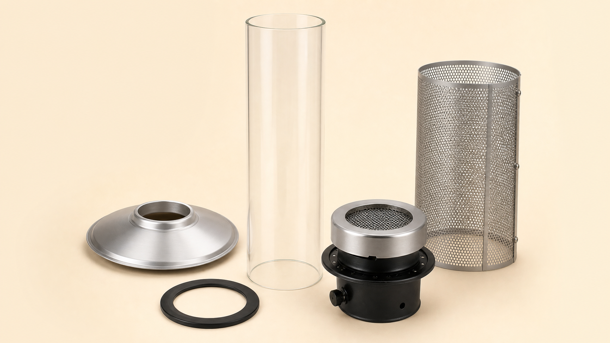 Golden Flame patio heater replacement parts: glass tube, burner head, screen, reflector, and hardware