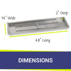 Golden Flame 48" x 14” Rectangle Drop-In Fire Pit Pan w/ Installed Stainless-Steel H-Burner - Weatherproof, Whistle-Free Set for Patio & Backyard