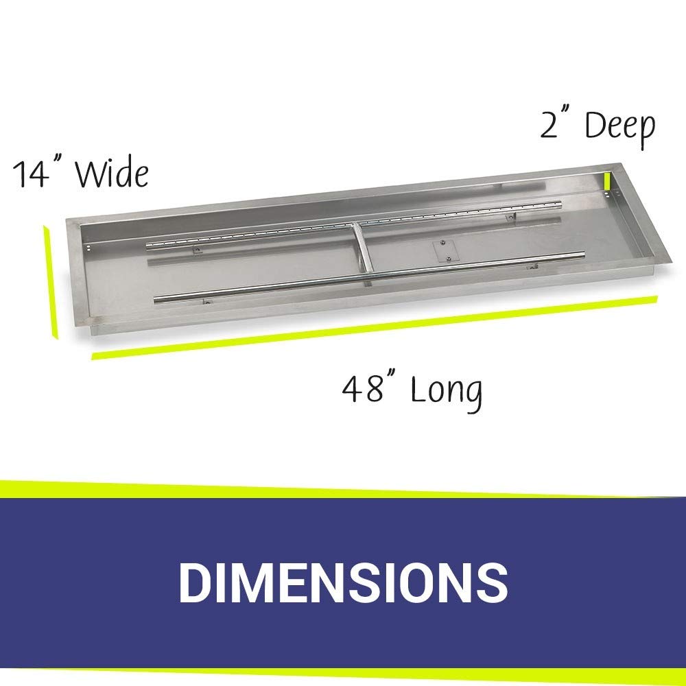 Golden Flame 48" x 14” Rectangle Drop-In Fire Pit Pan w/ Installed Stainless-Steel H-Burner - Weatherproof, Whistle-Free Set for Patio & Backyard