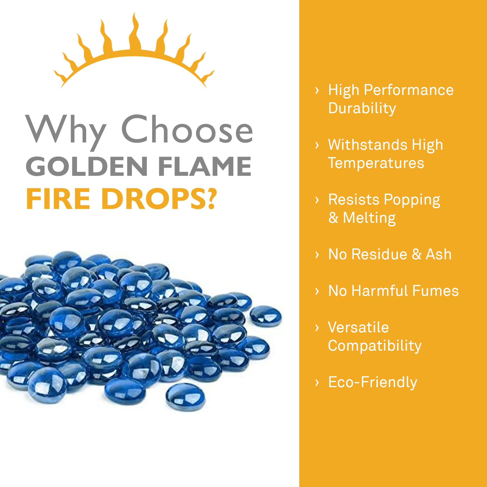 Golden Flame Fire Drops – Reflective Fire Pit Glass Rocks for Propane and Natural Gas Fire Pits