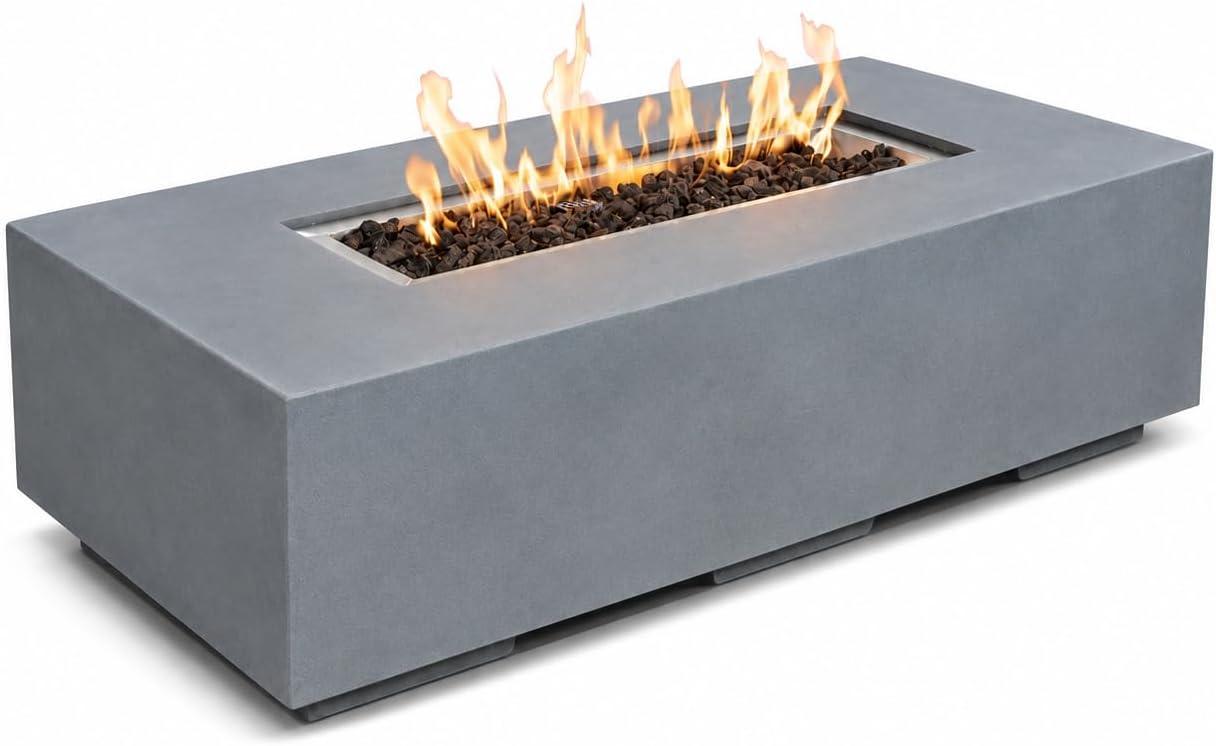 Golden Flame 55 inch concrete natural gas fire pit table with rectangular flame tray and gray concrete body