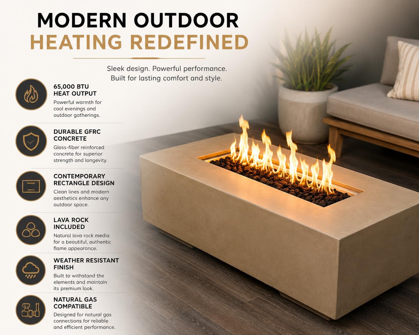 Golden Flame 55" Rectangle Concrete Gas Fire Pit Table – Modern GFRC Outdoor Fire Table, 65,000 BTU Stainless Steel Burner, Push Button Ignition, Lava Rock Included - Natural Gray image 3