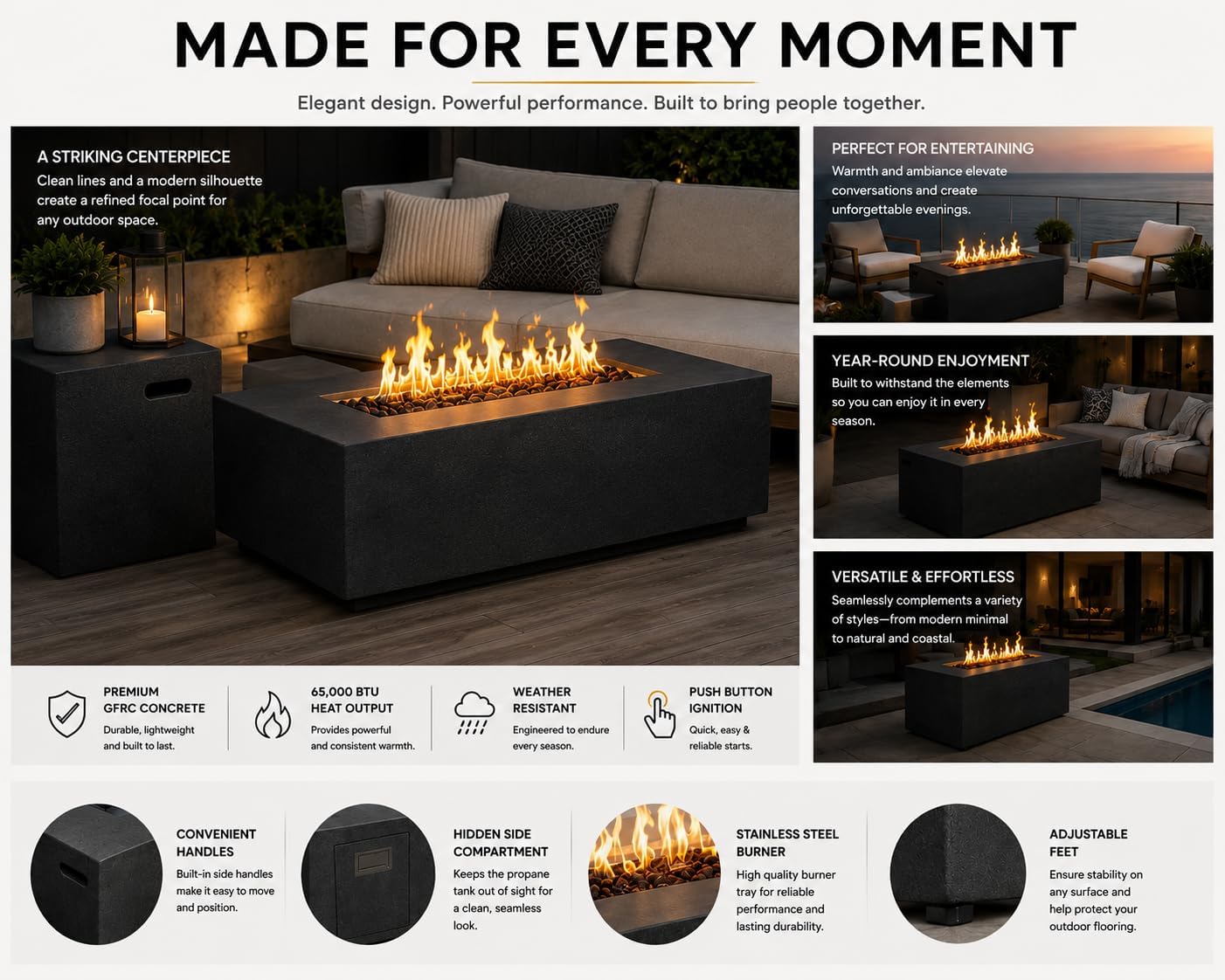 Golden Flame 55" Rectangle Concrete Gas Fire Pit Table – Modern GFRC Outdoor Fire Table, 65,000 BTU Stainless Steel Burner, Push Button Ignition, Lava Rock Included - Natural Gray image 4