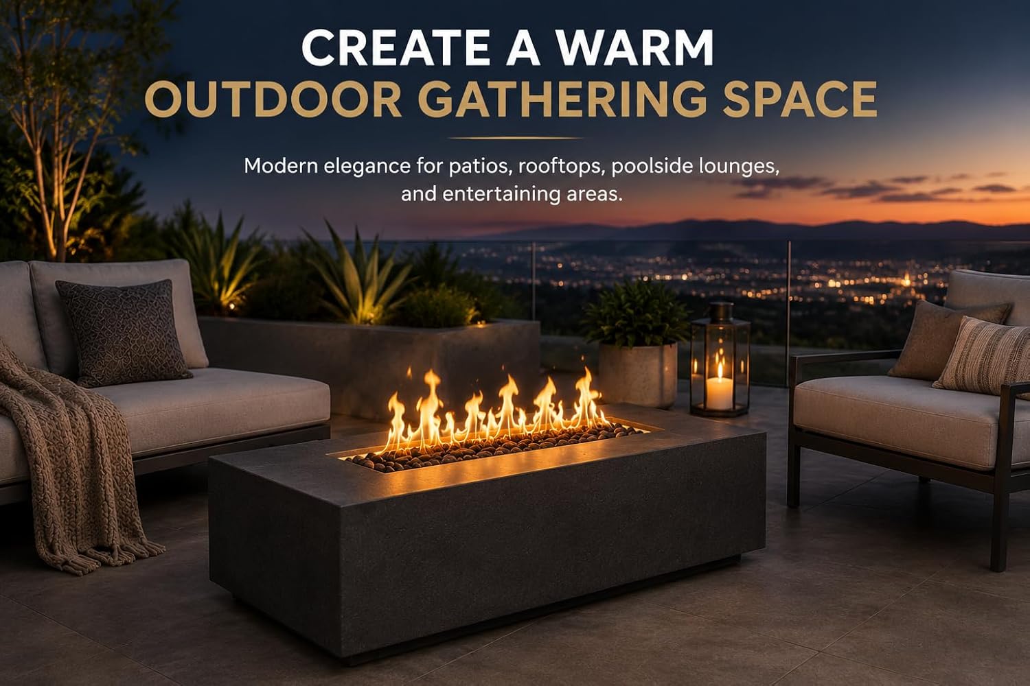 Golden Flame 55" Rectangle Concrete Gas Fire Pit Table – Modern GFRC Outdoor Fire Table, 65,000 BTU Stainless Steel Burner, Push Button Ignition, Lava Rock Included - Natural Gray image 8