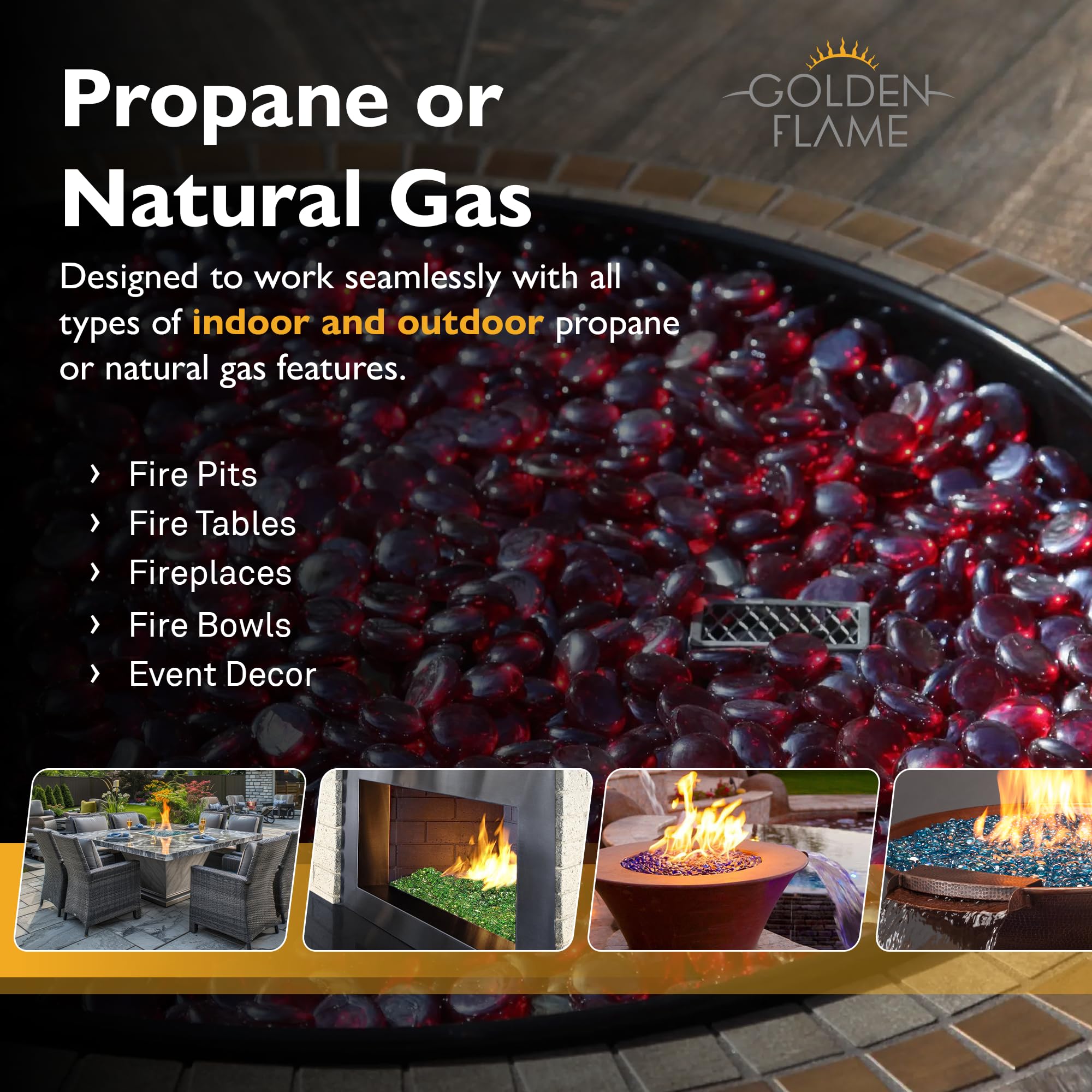 Golden Flame Fire Drops – Reflective Fire Pit Glass Rocks for Propane and Natural Gas Fire Pits
