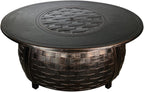 Bel Air oval natural gas fire pit table in antique copper with woven metal base and tabletop lid